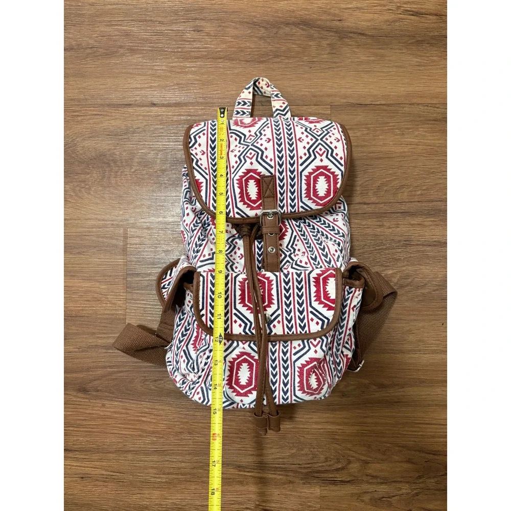 Southwestern Tribal Geometric Canvas Backpack Red Navy White Aztec Print Bag
